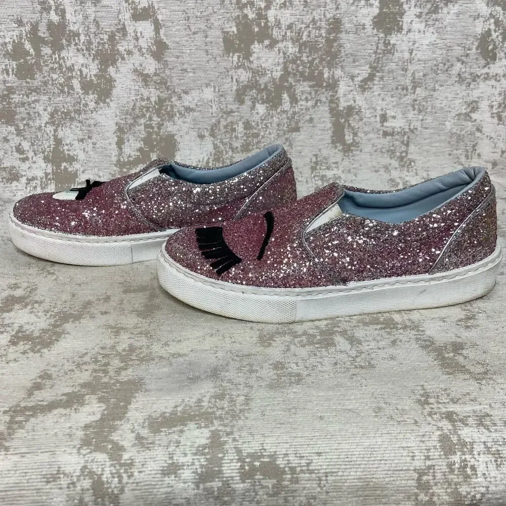 Chiara Ferragni Flirting Glitter Italian Leather Slip On Sneakers in Pink